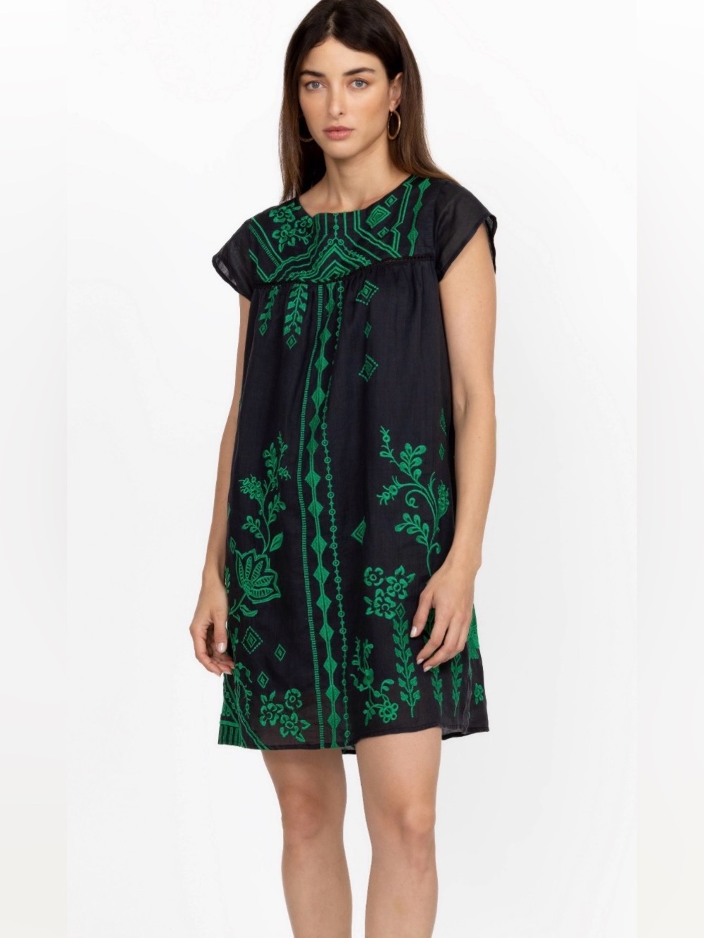 Johnny Was Willow Petal Sleeve Black Mini TunicDress with Green Embroidery - Picture 3 of 11